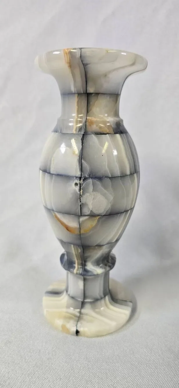 Vintage Patchwork Onyx Marble Tulip Vase – Black, Gray, & Cream